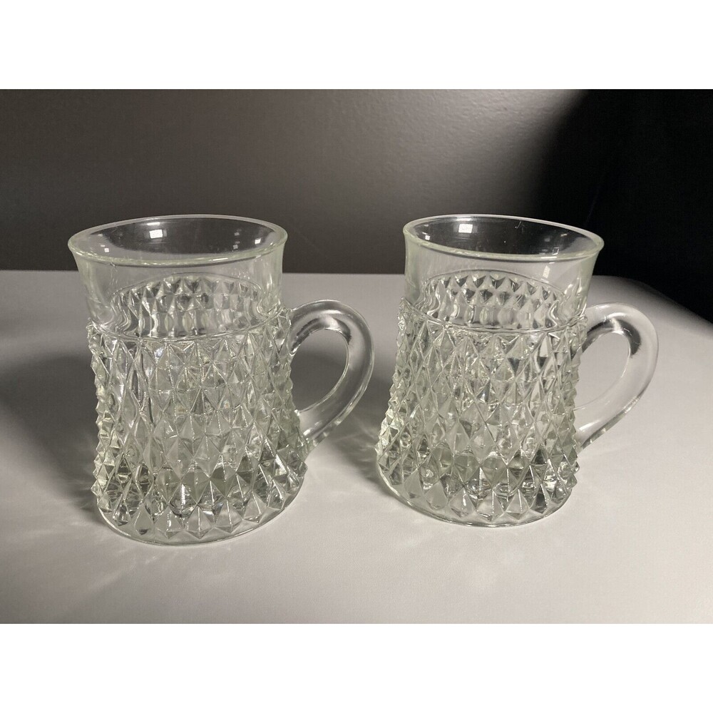Vintage Indiana Glass Mugs (Set of 2)  Diamond Point Pattern • Tankards